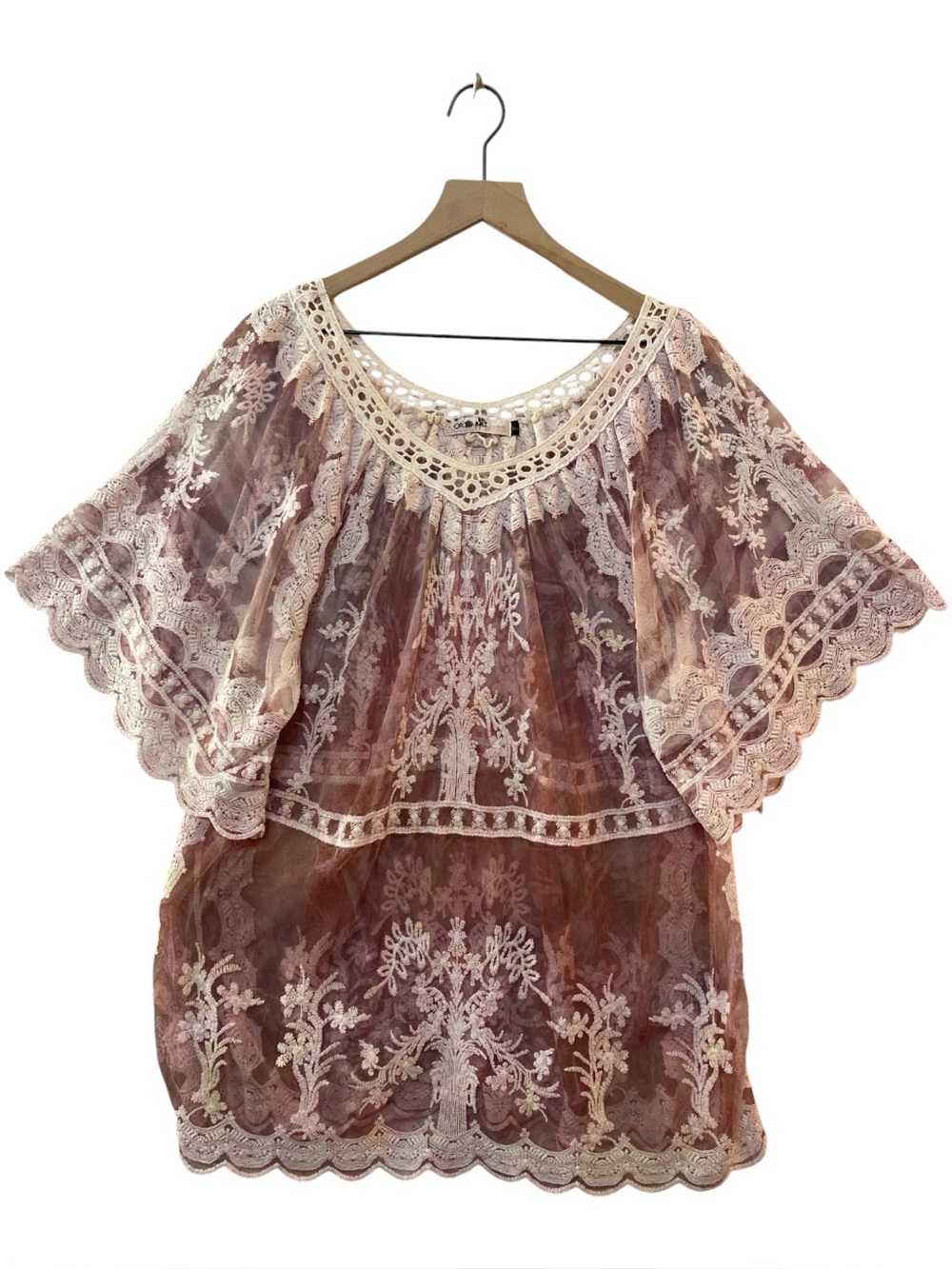 Origami‎ Crochet Lace Top Size OS Pink/Creme/Yellow Romantic Feminine Loose Fit